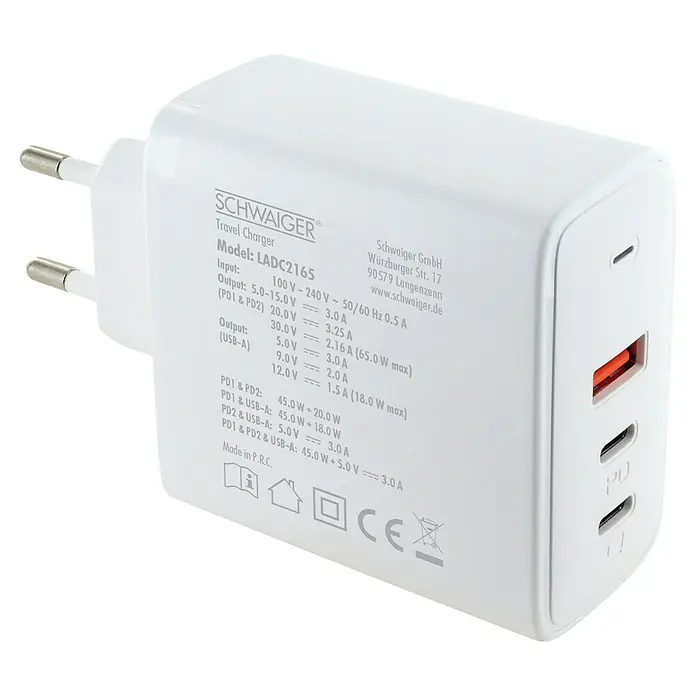 Schwaiger USB-Ladeadapter - USB A-Stecker, USB C-Stecker - Ein weißer SCHWAIGER Reiselader LADC2165, der sich ideal für Reisen eignet und verschiedene Anschlussmöglichkeiten bietet.