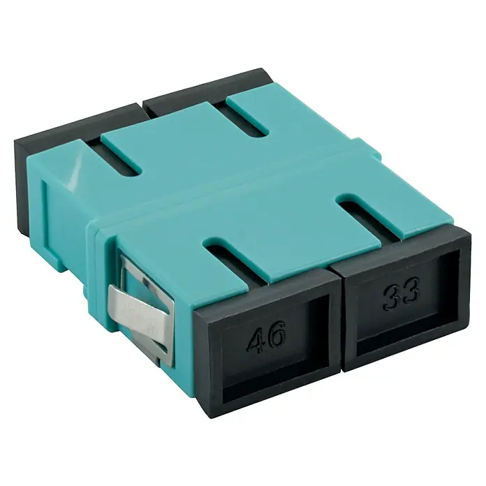 Schwaiger Glasfaser-Netzwerkkabel Verbinder LC Adapter o. Flagge - 2-fach, Blau/Schwarz - Ein optischer LC-Duplex-Koppler in Türkis und Schwarz mit den Nummern 46 und 33 zur präzisen Verbindung von Glasfaserkabeln.