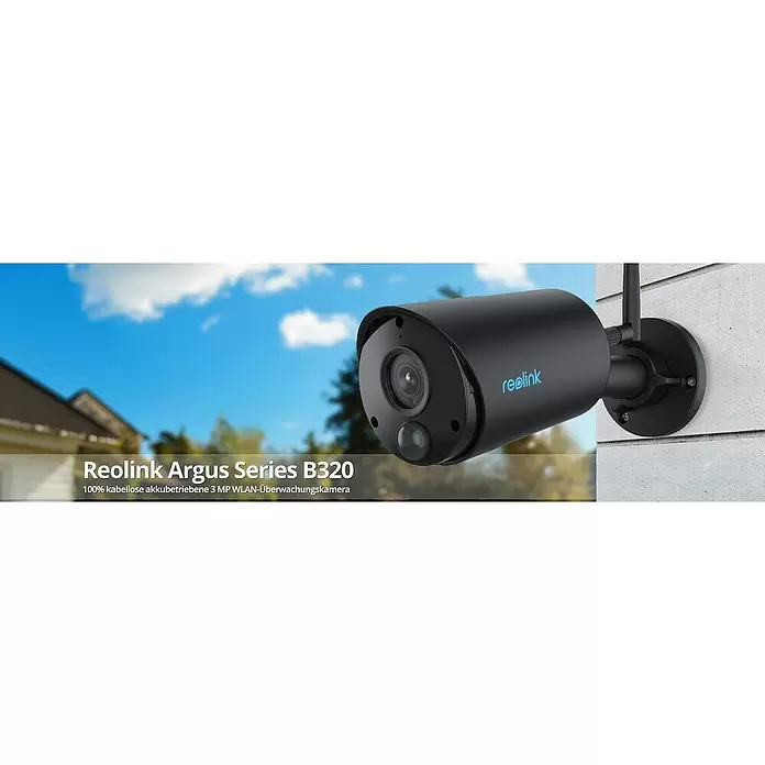 Reolink Akku-Überwachungskamera ARGUS SERIES B320 - 2304 x 1296 (Kamera), IP65, Außen, Akkuleistung: 4.800 mAh - Schwarze Reolink Argus B320 kabellose Überwachungskamera, akkubetrieben, an einer Außenwand montiert.