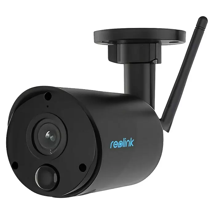 Reolink Akku-Überwachungskamera ARGUS SERIES B320 - 2304 x 1296 (Kamera), IP65, Außen, Akkuleistung: 4.800 mAh - Schwarze Reolink Überwachungskamera mit Antenne.