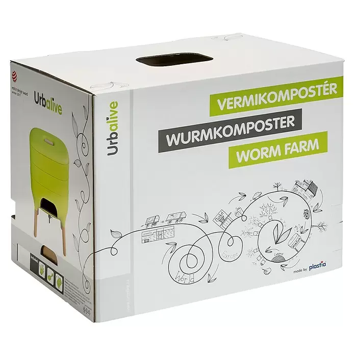 Dobar Komposter Wurmkiste - 57 l, 50,5 x 38 x 60,5 cm, Grün - Weißer Karton für Urbalive Wurmfarm, zeigt einen hellgrünen Komposter auf Holzbeinen.