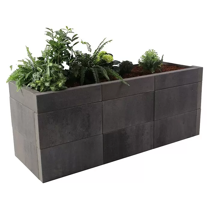 EHL Creaform Pflanzkübel - 188 x 67 x 75 cm, Lavaschwarz, Rechteckig, Beton - Dunkelgrauer rechteckiger Betonblock-Pflanzkübel gefüllt mit verschiedenen Grünpflanzen.
