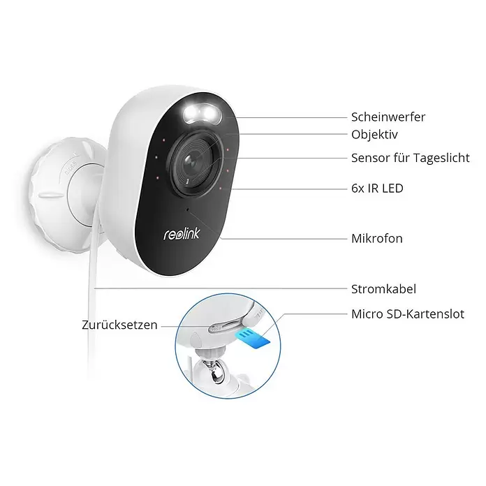 Reolink Überwachungskamera LUMUS SERIES E430 - 2560 x 1440 Pixel, IP65, Außen - Weiße Reolink Überwachungskamera mit Diagramm, das Scheinwerfer, Objektiv, IR-LEDs, Mikrofon, Stromkabel und Micro-SD-Slot hervorhebt.