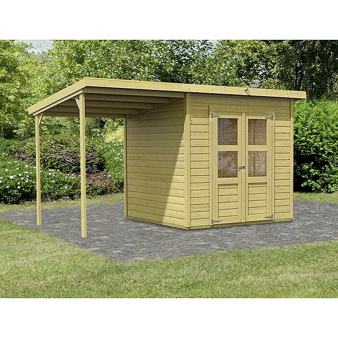 Karibu Gartenhaus Merseburg 4 - Außenmaß inkl. Dachüberstand (B x T): 390 x 236 cm, Holz, Natur, Mit Seitendach - Ein hellbraunes Holzgartenhaus mit einem Vordach, das von zwei Stützen getragen wird, steht im Garten.