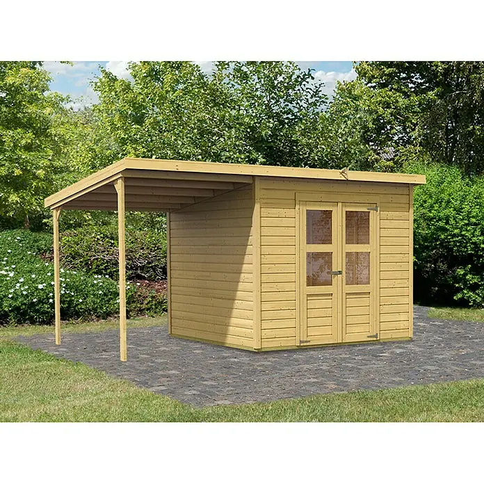 Karibu Gartenhaus Merseburg 6 - Außenmaß inkl. Dachüberstand (B x T): 415 x 265 cm, Holz, Natur, Mit Seitendach - Gartenschuppen aus Holz mit Anbau für zusätzlichen Stauraum, ideal für Gartenwerkzeuge und mehr.