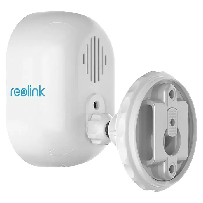 Reolink Überwachungskamera LUMUS SERIES E430 - 2560 x 1440 Pixel, IP65, Außen - Weiße Reolink Überwachungskamera mit befestigter Schwenkhalterung, Rückseite und Montagebasis sichtbar.