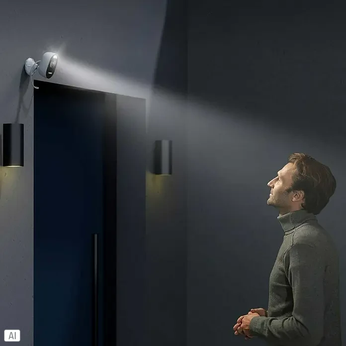 Reolink Überwachungskamera LUMUS SERIES E430 - Weiß - Überwachungskamera mit Flutlicht beleuchtet einen Mann. Ideal für die Sicherheit im Außenbereich.