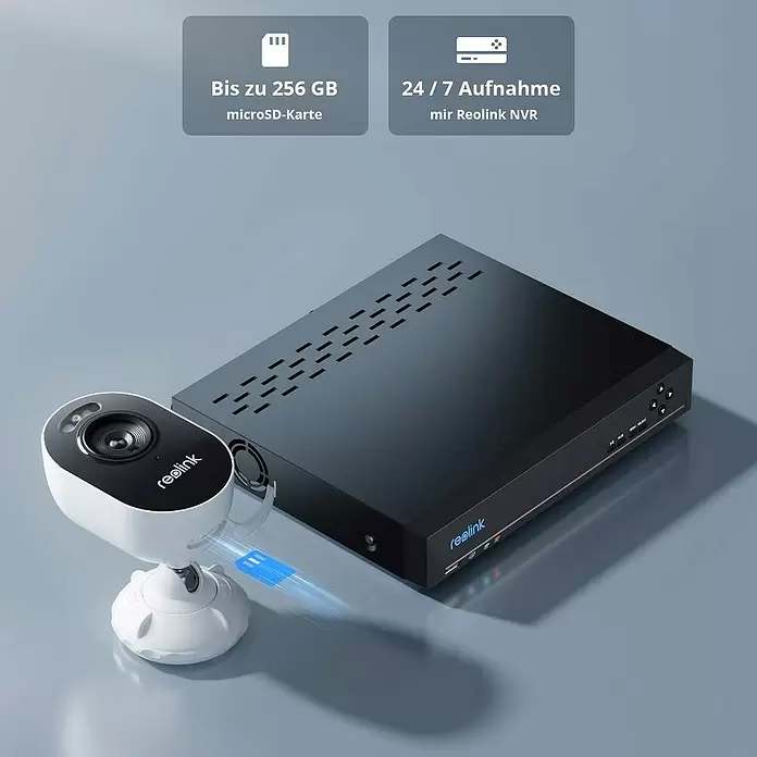 Reolink Überwachungskamera LUMUS SERIES E430 - 2560 x 1440 Pixel, IP65, Außen - Weiße Reolink Kamera mit schwarzem NVR, hebt 256GB microSD-Speicher und 24/7 Aufnahme mit NVR hervor.