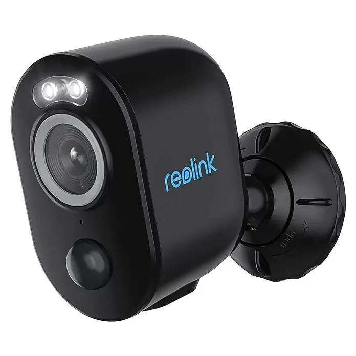 Reolink Akku-Überwachungskamera Argus Series B330 - B -  - Schwarze Reolink Überwachungskamera mit weißen LED-Lichtern, Objektiv und kugelförmigem Bewegungssensor, an einer schwenkbaren Halterung.