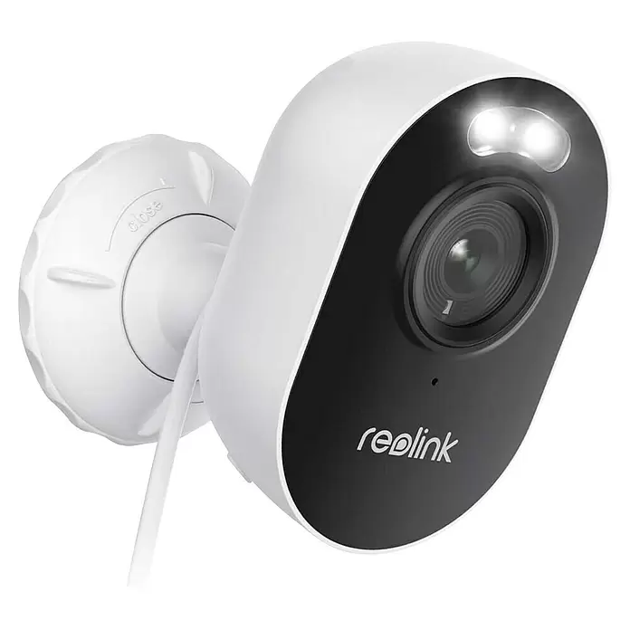 Reolink Überwachungskamera LUMUS SERIES E430 - 2560 x 1440 Pixel, IP65, Außen - Weiße und schwarze Reolink Überwachungskamera mit zwei hellen Lichtern, auf einem Schwenkfuß montiert.