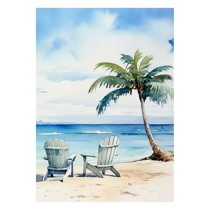 Lienzo Tumbona playa - Tumbona playa, An x Al: 50 x 70 cm - Pintura de acuarela de dos sillas Adirondack debajo de una palmera en la playa con una relajante vista al océano azul, perfecto para la relajación.