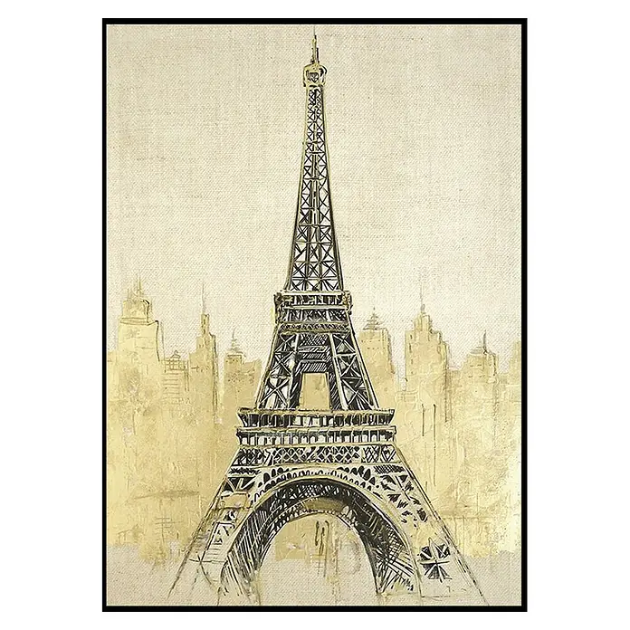 Lienzo París - París, An x Al: 50 x 70 cm - Imagen artística de la Torre Eiffel con un horizonte dorado, ideal para una decoración de pared elegante.