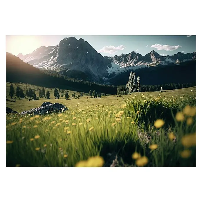 Cuadro Montañas - Montañas, An x Al: 100 x 70 cm, 1 pzs. - Paisaje de praderas de montaña con flores amarillas en primer plano y un impresionante paisaje de montaña. Ideal para amantes de la naturaleza.