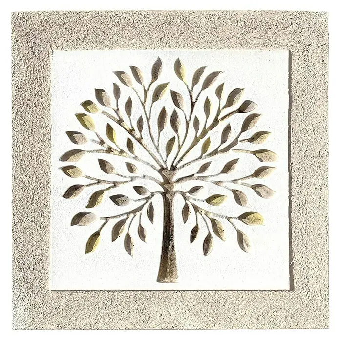 Cuadro con relieve Árbol Vida cuadrado - Árbol Vida, An x Al: 40 x 40 cm - Arte mural decorativo con un árbol en relieve en un marco beige. Un toque elegante para tu hogar.