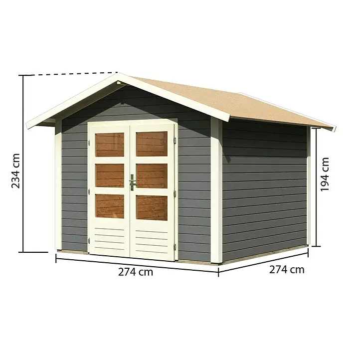 Karibu Gartenhaus Talkau 6 - Außenmaß inkl. Dachüberstand (B x T): 300 x 304 cm, Holz, Grau - Abbildung eines grauen Gartenhauses mit beigefarbenem Dach und den Maßen 274 x 274 x 234 cm.