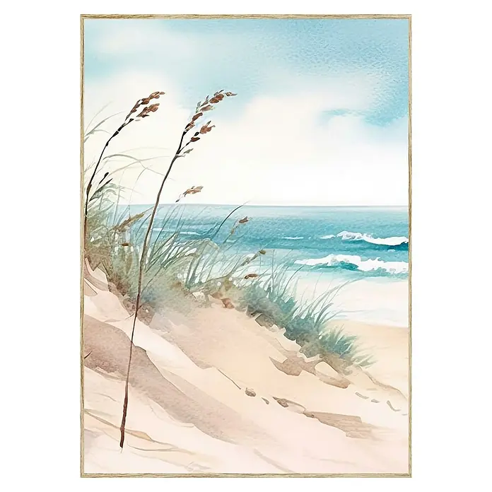 Lienzo Paisaje playa - Paisaje playa, An x Al: 50 x 70 cm - Pintura a la acuarela de una pacífica escena de playa con hierba de dunas, suaves olas y un cielo en calma.