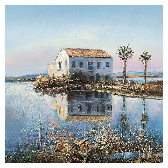 Cuadro pintado a mano Casa La Albufera - Casa La Albufera, An x Al: 50 x 50 cm - Pintura de una casa blanca junto al agua con palmeras, reflejada en el agua calmada. Una escena serena al óleo sobre lienzo.