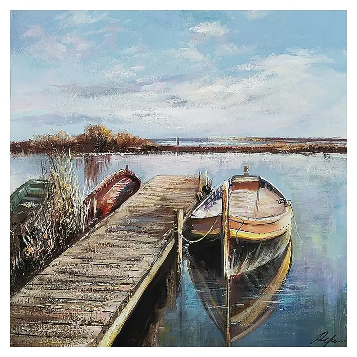 Cuadro pintado a mano Barca La Albufera - Abstracto, An x Al: 50 x 50 cm - Escena pintada con barcos en el muelle, capturando un paisaje acuático tranquilo y reflexivo.