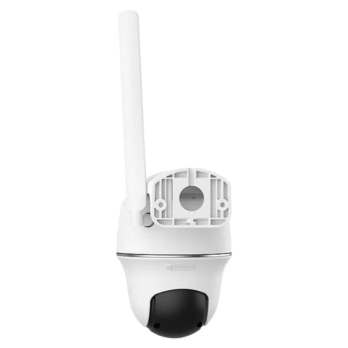Reolink Akku-Überwachungskamera GO SERIES G440 - 3.840 x 2.160 Pixel, IP64, Außen, 6.000 mAh - Weiße Überwachungskamera mit externer Antenne, schwarzer Kamerakuppel und Montagehalterung.