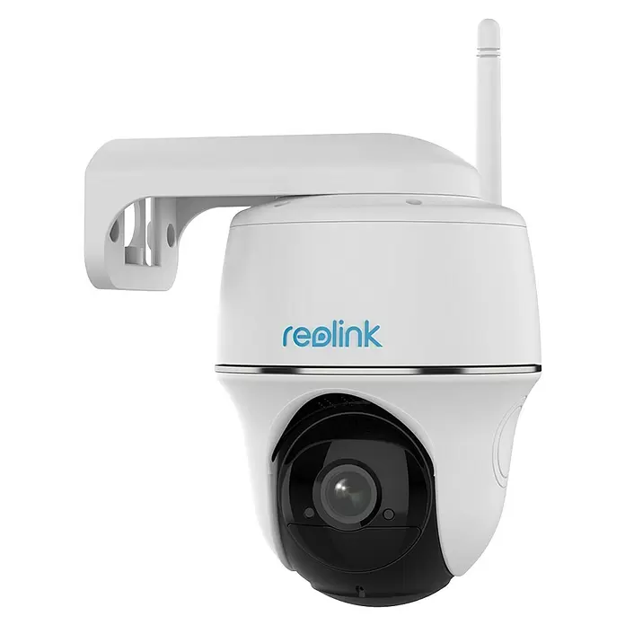 Reolink Akku-Überwachungskamera ARGUS SERIES B420 -  - Weiße Reolink Überwachungskamera mit schwarzem Pan-Tilt-Objektiv, Montagearm und Antenne.