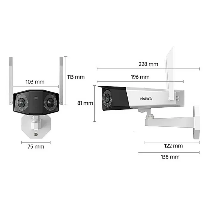 Reolink Überwachungskamera DUO SERIES W730 - 4.608 x 1.728 Pixel, IP66, Außen - Zwei Reolink Überwachungskameras, eine mit Doppellinse und eine Bullet-Kamera, in Schwarz-Weiß, mit ihren Abmessungen.