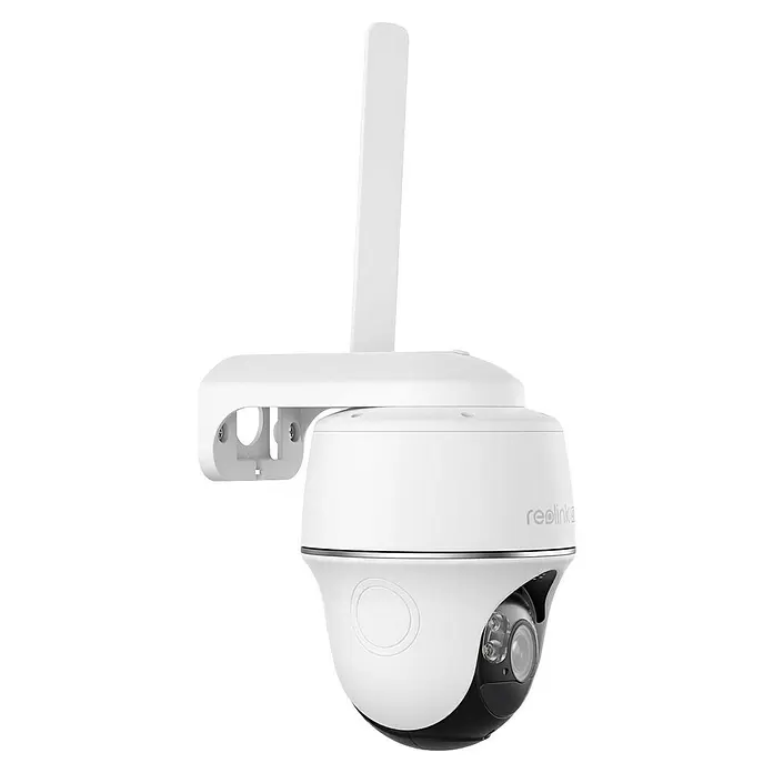 Reolink Akku-Überwachungskamera GO SERIES G440 - 3.840 x 2.160 Pixel, IP64, Außen, 6.000 mAh - Weiße PTZ-Überwachungskamera mit Antenne und Halterung für die Außenüberwachung.