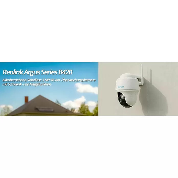 Reolink Akku-Überwachungskamera ARGUS SERIES B420 -  - Weiße Reolink Argus Series B420 WLAN-Überwachungskamera mit Schwenk-/Neigefunktion, an einer Außenwand montiert.