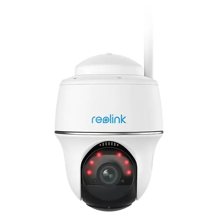 Reolink Akku-Überwachungskamera ARGUS SERIES B420 -  - Weiße Reolink Überwachungskamera mit roten Nachtsicht-LEDs und einer Antenne.