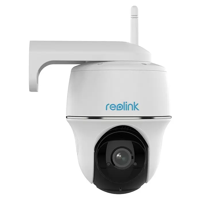 Reolink Akku-Überwachungskamera ARGUS SERIES B420 -  - Weiße Reolink PTZ-Überwachungskamera mit schwarzer Linse und Antenne, an einem Arm montiert.