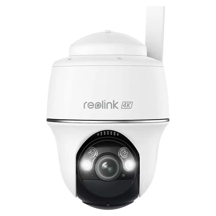 Reolink Akku-Überwachungskamera GO SERIES G440 - 3.840 x 2.160 Pixel, IP64, Außen, 6.000 mAh - Weiße Reolink 4K Überwachungskamera mit Objektiv, Beleuchtung und Antenne.