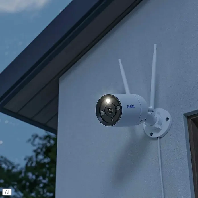 Reolink Überwachungskamera W330 - Weiß - Nahaufnahme einer Reolink Überwachungskamera mit eingeschaltetem Licht an einer Hauswand, die Sicherheit und Überwachung bietet.