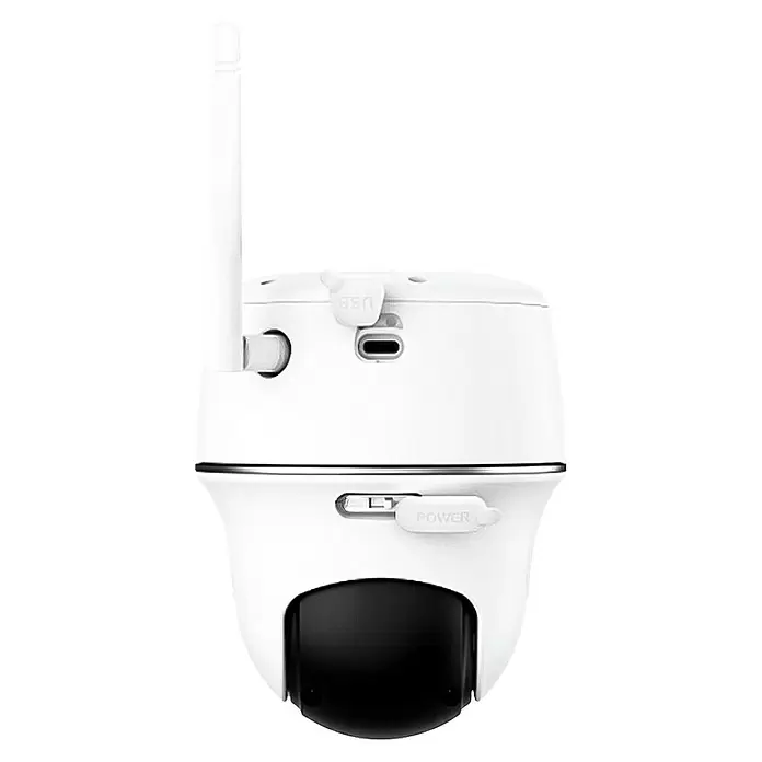 Reolink Akku-Überwachungskamera ARGUS SERIES B420 -  - Weiße Überwachungskamera mit schwarzem Objektiv, Antenne, USB- und Stromanschlüssen.