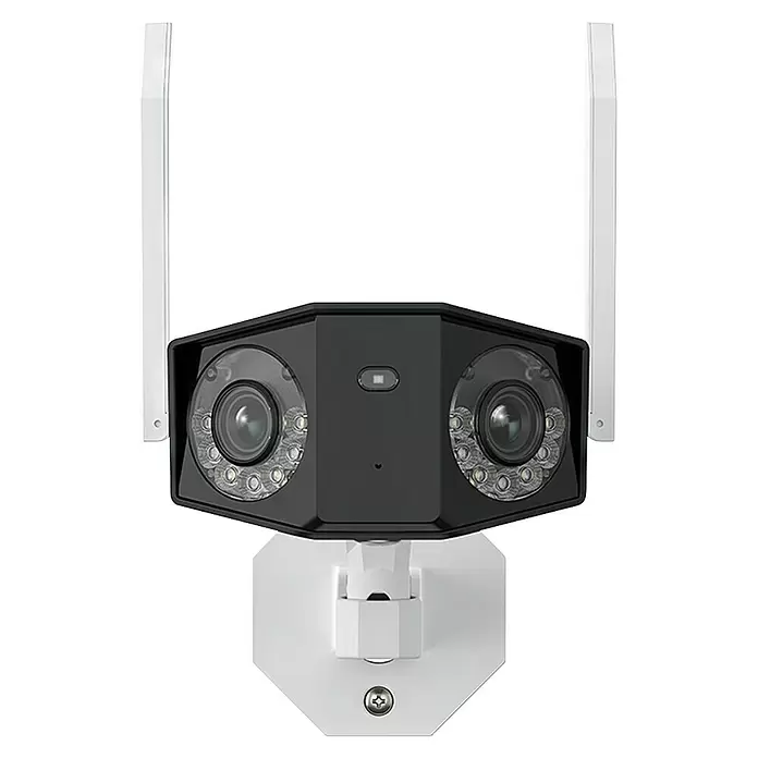 Reolink Überwachungskamera DUO SERIES W730 - 4.608 x 1.728 Pixel, IP66, Außen - Schwarze Dual-Objektiv-Überwachungskamera mit LEDs und zwei weißen Antennen auf weißer Halterung.