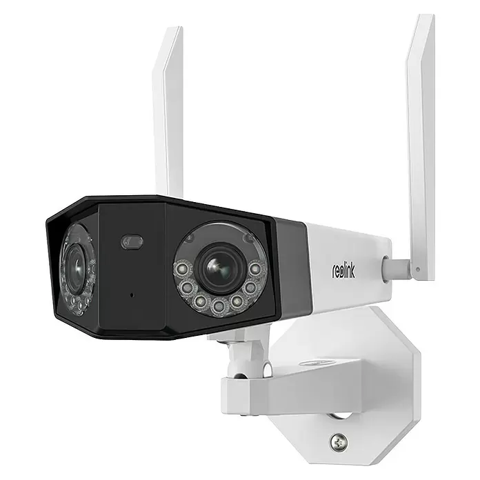 Reolink Überwachungskamera DUO SERIES W730 - 4.608 x 1.728 Pixel, IP66, Außen - Schwarz-weiße Dual-Objektiv-Überwachungskamera mit zwei Antennen und einer Montagehalterung.
