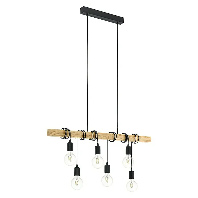 Eglo Townshend Pendelleuchte - B x H: 10 x 110 cm, Schwarz/Braun, 360 W - Moderne Pendelleuchte mit Holzbalken und sechs Glühbirnen. Das schlichte Design macht sie zu einem Blickfang in jedem Raum.