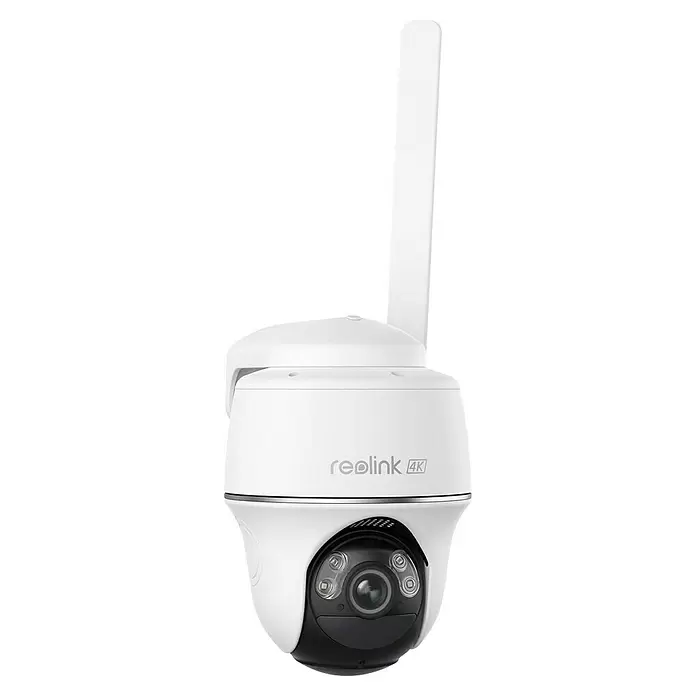 Reolink Akku-Überwachungskamera GO SERIES G440 - 3.840 x 2.160 Pixel, IP64, Außen, 6.000 mAh - Weiße Reolink 4K Überwachungskamera mit Antenne, schwarzem Objektivbereich und Infrarotlichtern.
