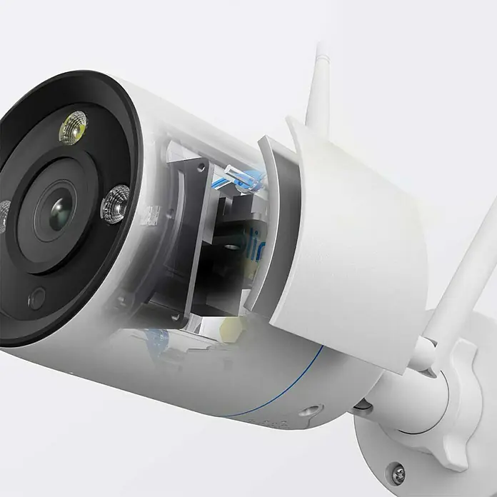 Reolink Überwachungskamera W330 - 3.840 x 2.160 Pixel, IP67, Außen - Detailaufnahme einer Überwachungskamera mit transparentem Gehäuse, die ihre interne Konstruktion zeigt.