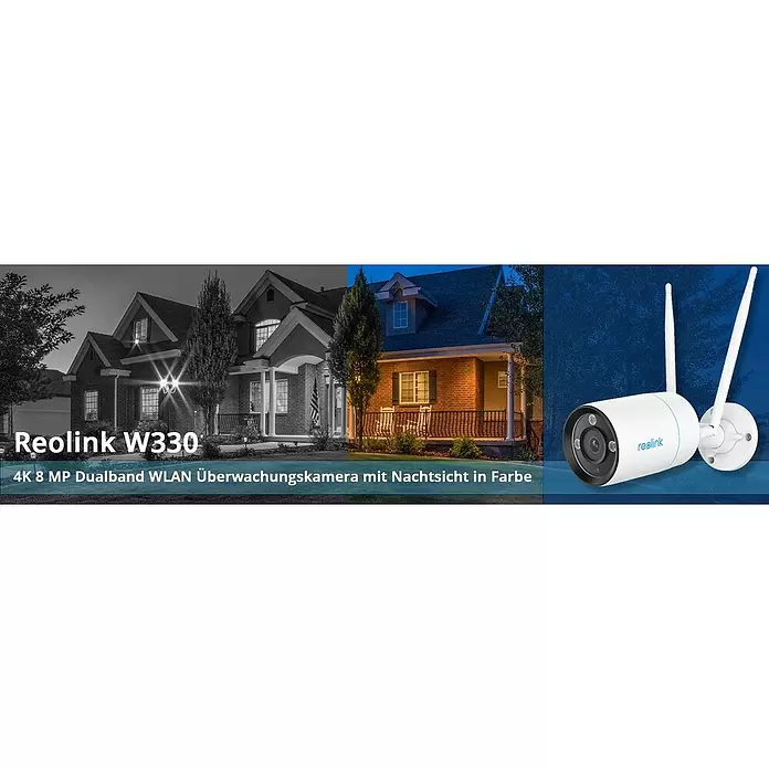 Reolink Überwachungskamera W330 - 3.840 x 2.160 Pixel, IP67, Außen - Weiße Reolink W330 Überwachungskamera mit Dualantennen, daneben ein Haus mit Schwarz-Weiß- und Farb-Nachtsicht.