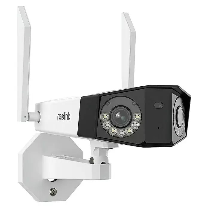 Reolink Überwachungskamera DUO SERIES W730 - 4.608 x 1.728 Pixel, IP66, Außen - Weiße und schwarze Reolink Überwachungskamera mit zwei Antennen an einer weißen Halterung.