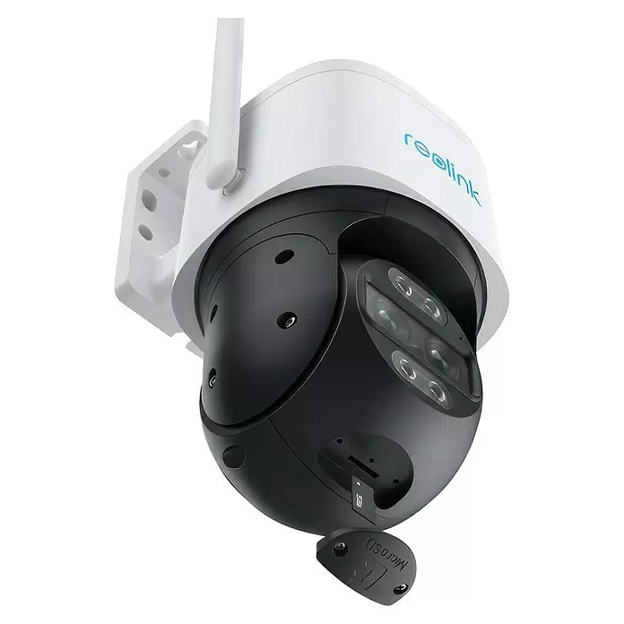 Reolink Überwachungskamera TRACKMIX SERIES W760 - 3.840 x 2.160 Pixel, IP65, Außen - Weiß-schwarze Reolink Outdoor-Überwachungskamera mit Antenne, mehreren Objektiven und sichtbarem microSD-Kartensteckplatz.