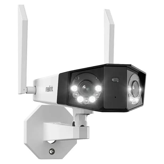 Reolink Überwachungskamera DUO SERIES W730 - 4.608 x 1.728 Pixel, IP66, Außen - Weiß-schwarze Überwachungskamera mit zwei Antennen und beleuchteten LEDs, an weißer Halterung montiert.
