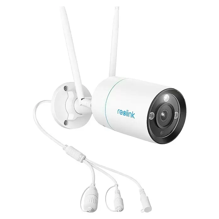 Reolink Überwachungskamera W330 - 3.840 x 2.160 Pixel, IP67, Außen - Eine weiße Reolink Überwachungskamera mit zwei Antennen, schwarzem Objektiv und weißen Kabeln, von vorne rechts gesehen.