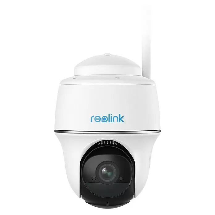 Reolink Akku-Überwachungskamera ARGUS SERIES B420 -  - Weiße Reolink Pan/Tilt Überwachungskamera mit Antenne und schwarzem Objektivbereich.