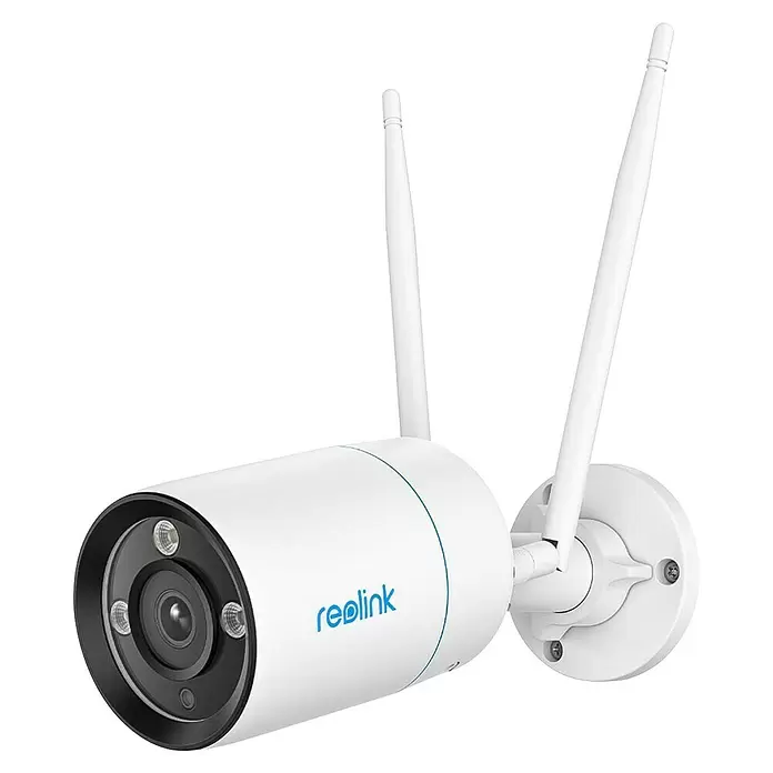 Reolink Überwachungskamera W330 - 3.840 x 2.160 Pixel, IP67, Außen - Weiße Reolink Überwachungskamera mit zwei Antennen und Montagefuß.