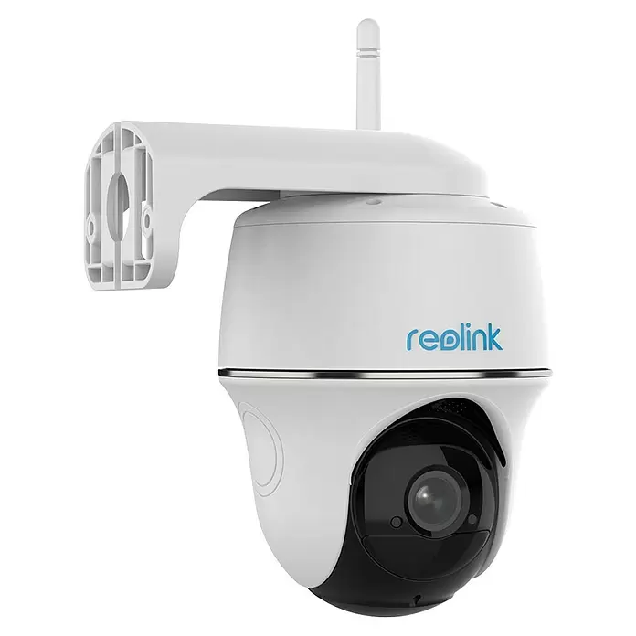 Reolink Akku-Überwachungskamera ARGUS SERIES B420 -  - Weiße Reolink Pan-Tilt Überwachungskamera mit schwarzem Objektivgehäuse, Antenne und Montagehalterung.