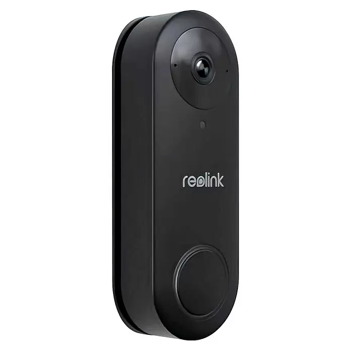Reolink Türklingel mit Kamera D340P -  - Schwarze Reolink Video-Türklingel mit Kameralinse und kreisförmigem Klingelknopf.