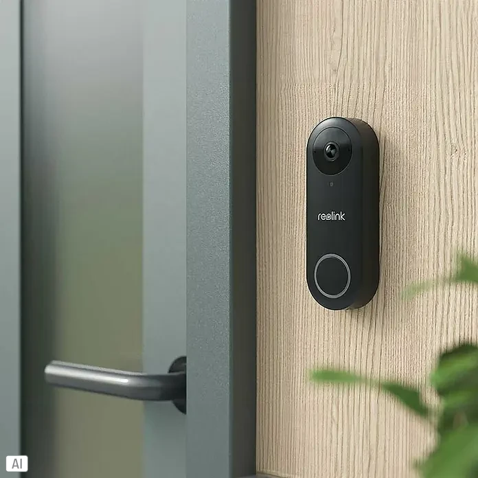 Reolink Türklingel mit Kamera D340P - Schwarz - Eine Reolink-Türklingel, montiert an einer Holzwand neben einer modernen Tür, bietet Sicherheit und Komfort für Ihr Zuhause.