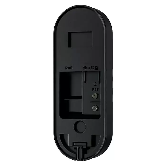 Reolink Türklingel mit Kamera D340P -  - Schwarze längliche Platte mit Aussparungen für PoE und Micro SD, Reset-Taste und zwei Befestigungsschrauben.