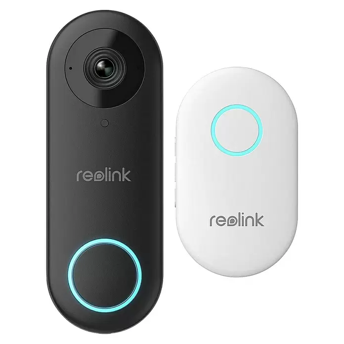 Reolink Türklingel mit Kamera D340P -  - Schwarze Reolink Video-Türklingel und weißer Gong mit leuchtend blauen Ringen.