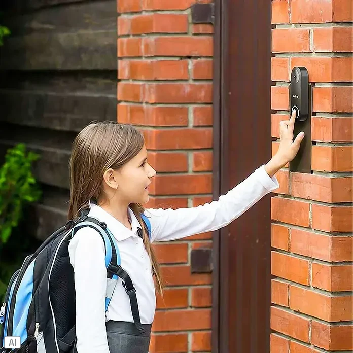 Reolink Türklingel mit Kamera D340P - Schwarz - Ein junges Mädchen mit Rucksack klingelt an einer smarten Türklingel an einer Backsteinmauer.